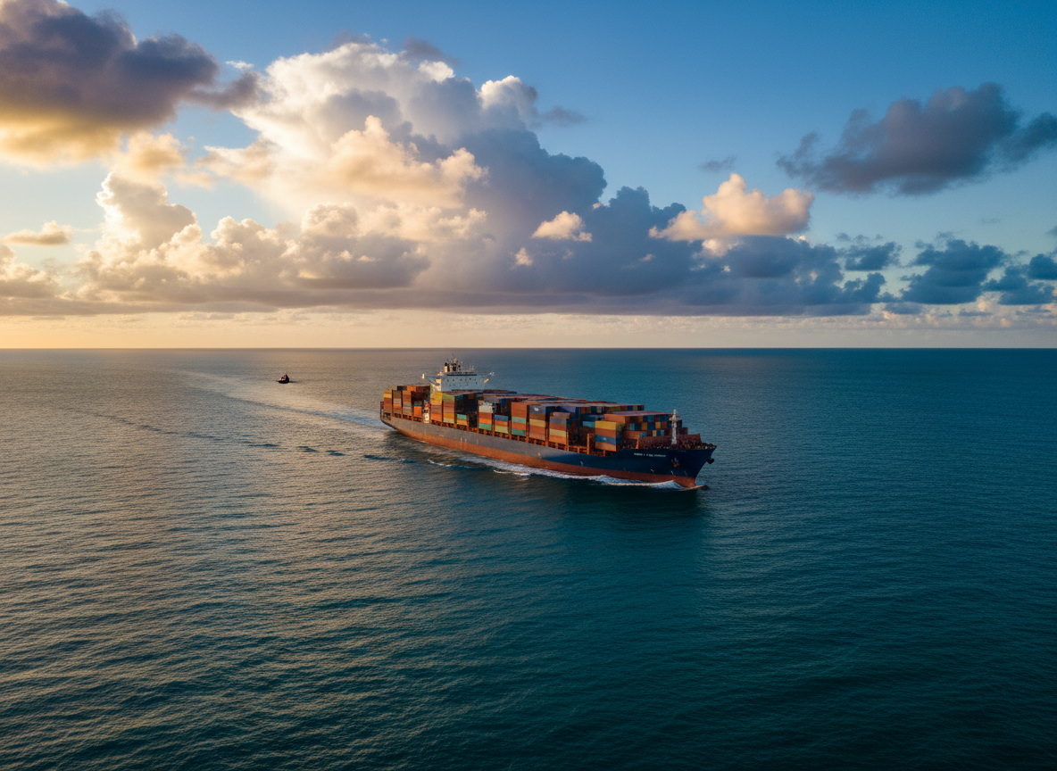 A large cargo ship sailing across a vast open ocean with a beautiful blue sky and dramatic clouds. The ship is seen from a slight distance showing the full vessel, with deep blue-green sea water, golden sunlight reflecting on the waves, cinematic and professional photography style, wide angle shot